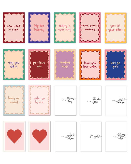 Mixed set of 20 bold bright and minimalist greeting cards with colourful patterns. Perfect for birthdays, thank yous, and everyday moments.
