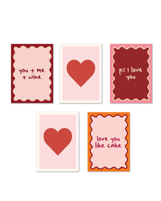 Mixed set of 5 romantic fun and colourful greeting cards. Perfect for valentines day or appreciation cards for lovers and friends.