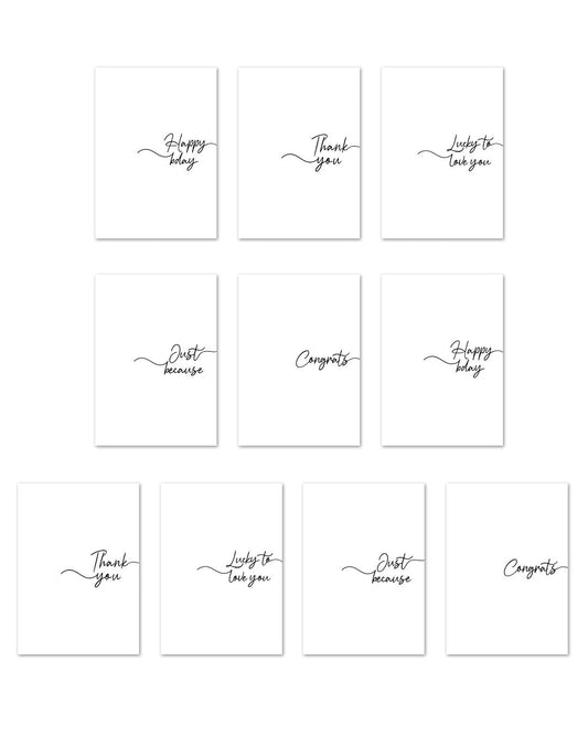 Mixed set of 10 minimalist greeting cards with stylish design. Perfect for birthdays, thank yous, congratulations, celebrations, just because and everyday moments.